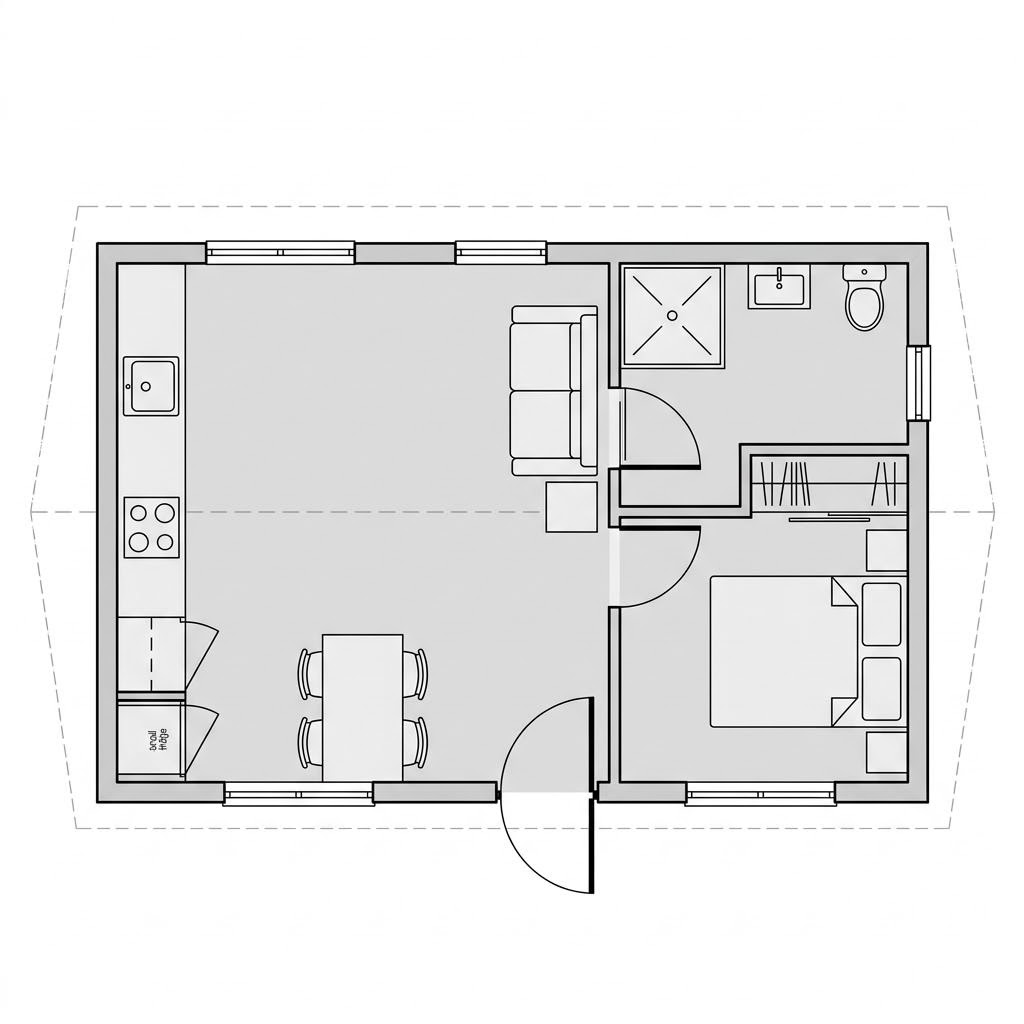 Grundriss Dwellii Barn – 39 m² Tiny House mit 2 Zimmern