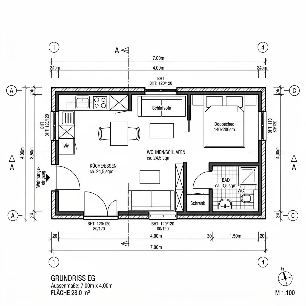 Grundriss Tiny Bris 28 – 28 m² Tiny House mit 1 Zimmern