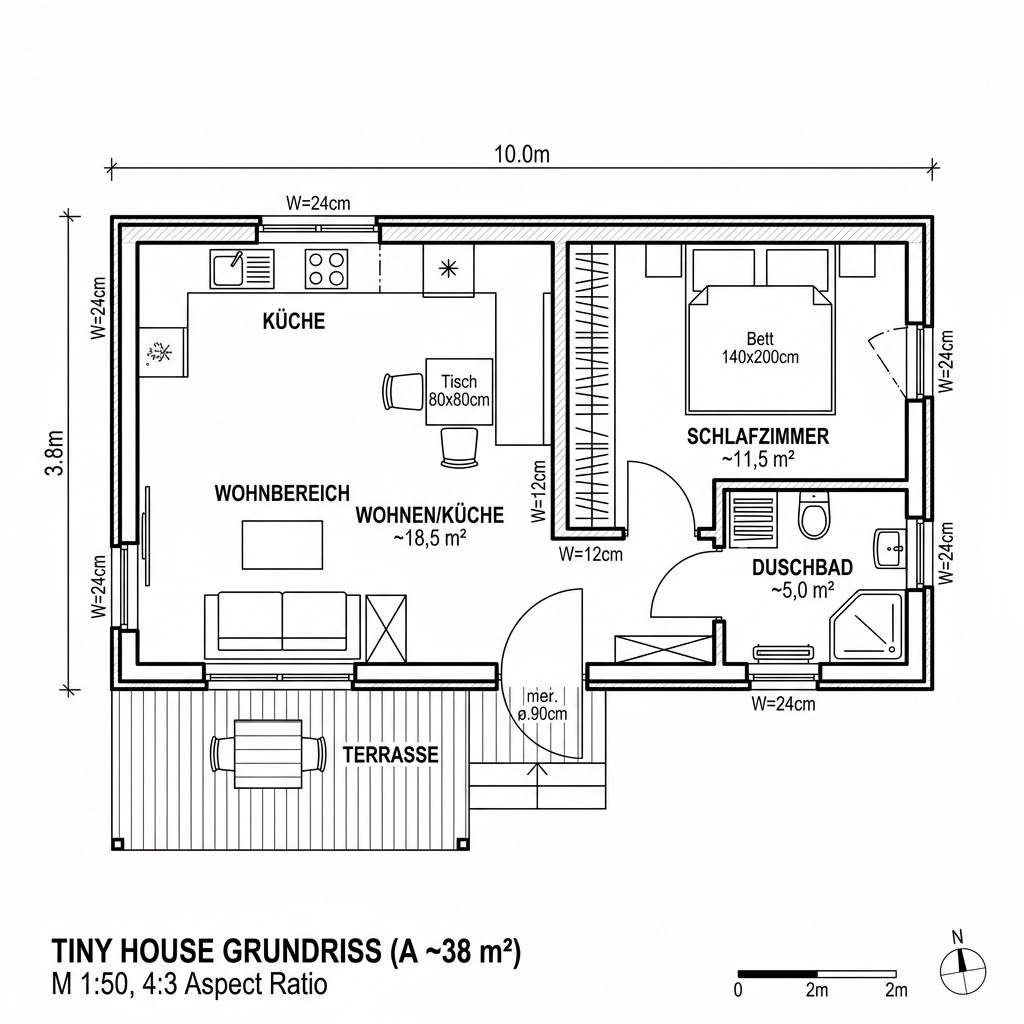Grundriss Tiny Fjord 38 – 38 m² Tiny House mit 2 Zimmern