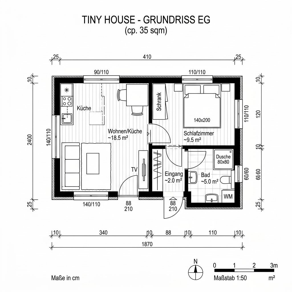 Grundriss Tiny Kust 35 – 35 m² Tiny House mit 2 Zimmern