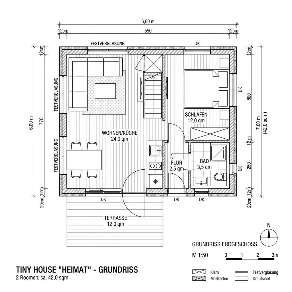 Grundriss Tiny Skog 42 – 42 m² Tiny House mit 2 Zimmern