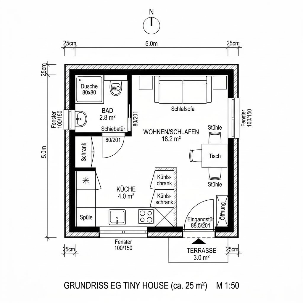 Grundriss Tiny Autark 25 – 25 m² Tiny House mit 1 Zimmern