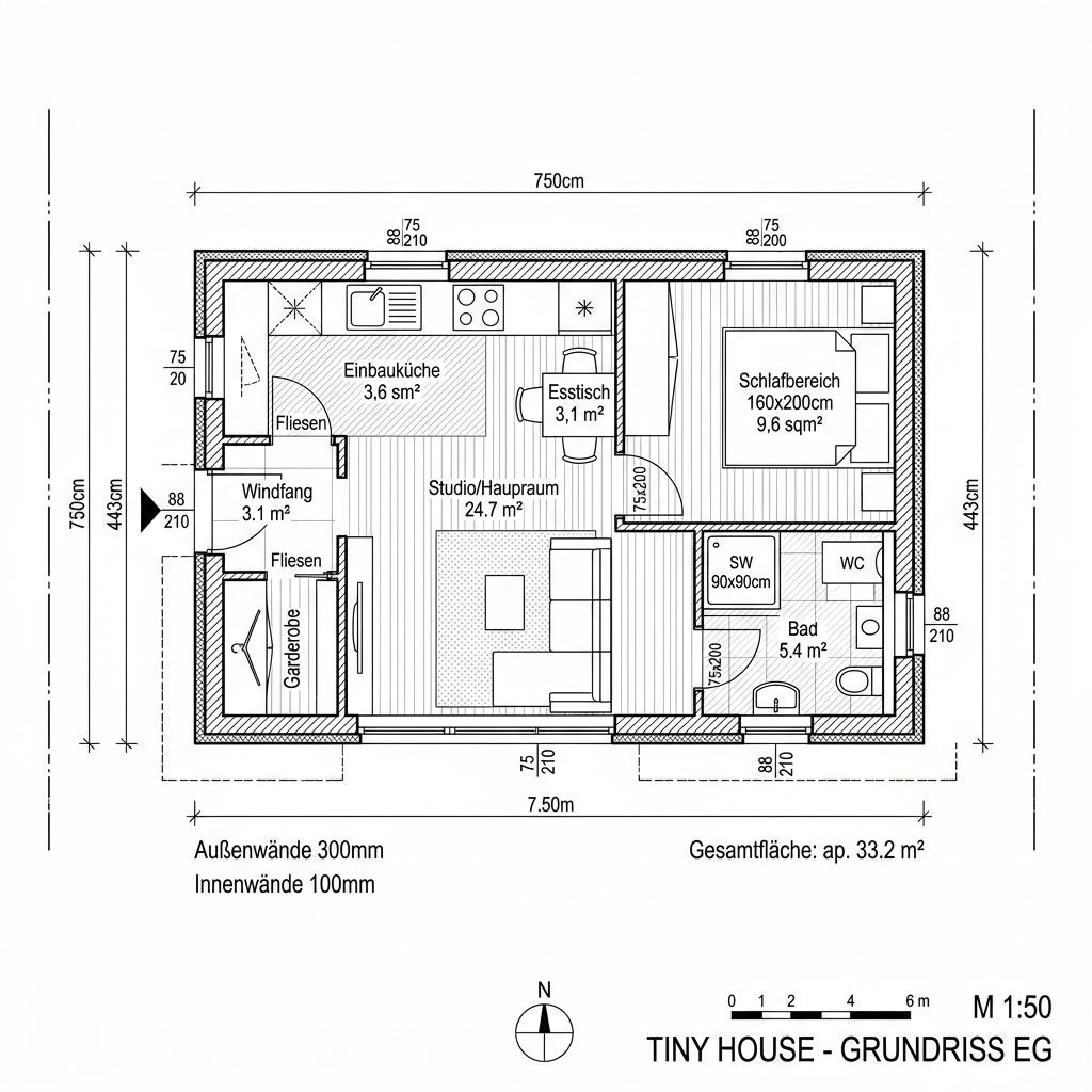 Grundriss Tiny Autark 33 – 33 m² Tiny House mit 1 Zimmern