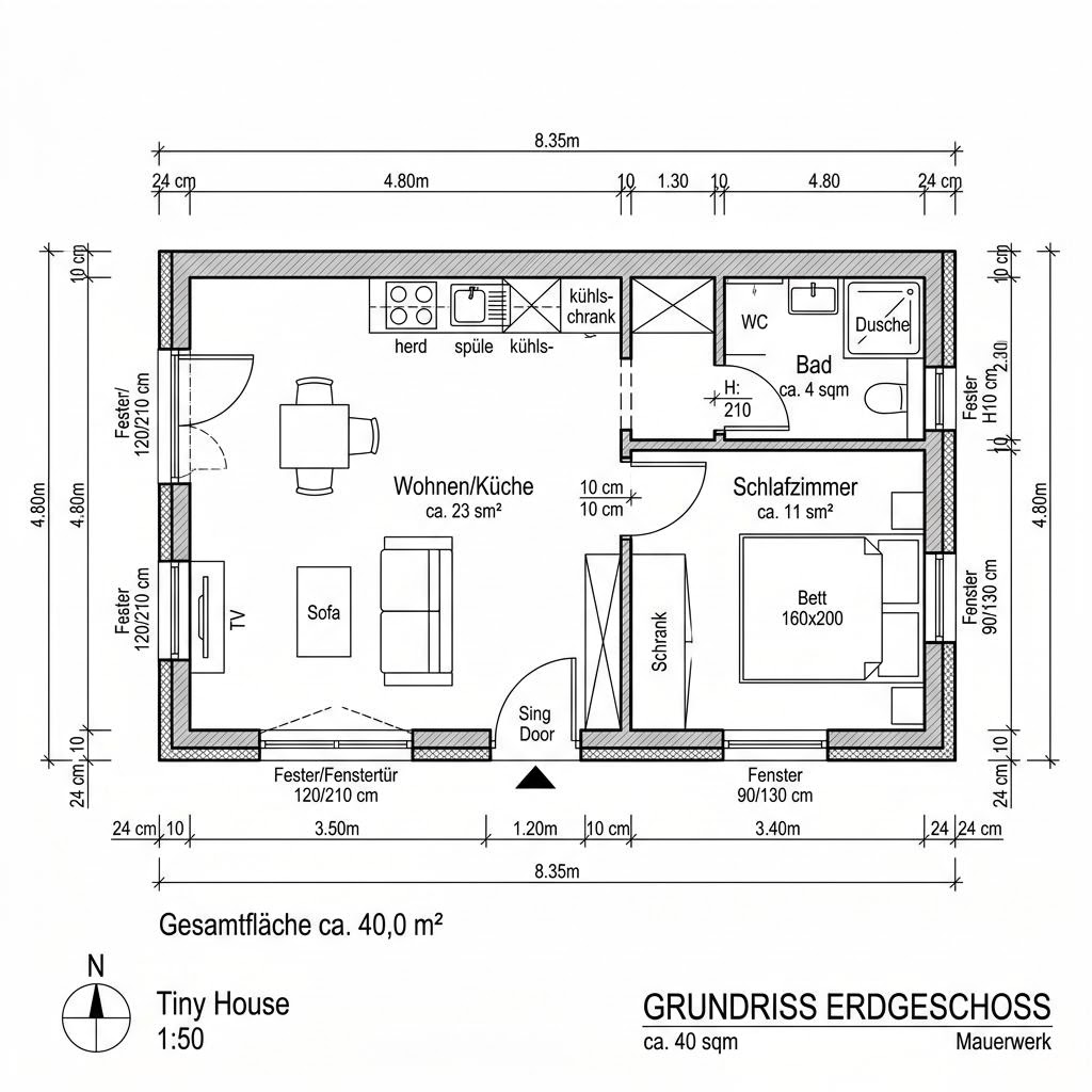 Grundriss Tiny Autark 40 – 40 m² Tiny House mit 2 Zimmern