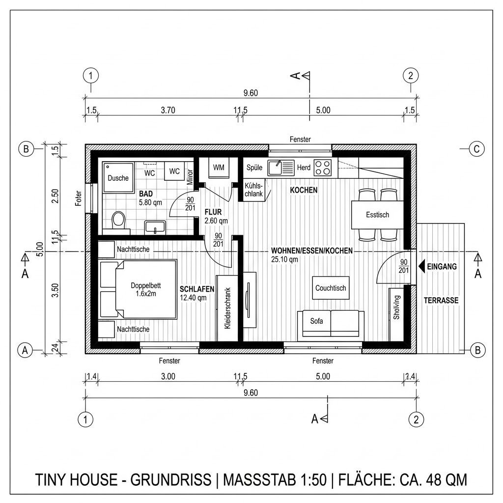 Grundriss Tiny Autark 48 – 48 m² Tiny House mit 2 Zimmern