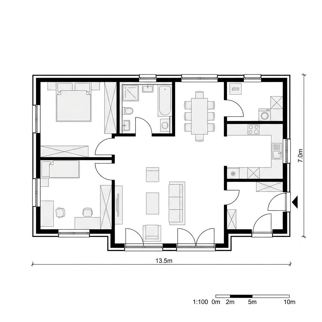 Grundriss Modulhaus Autark – 95 m² Modulhaus mit 3 Zimmern