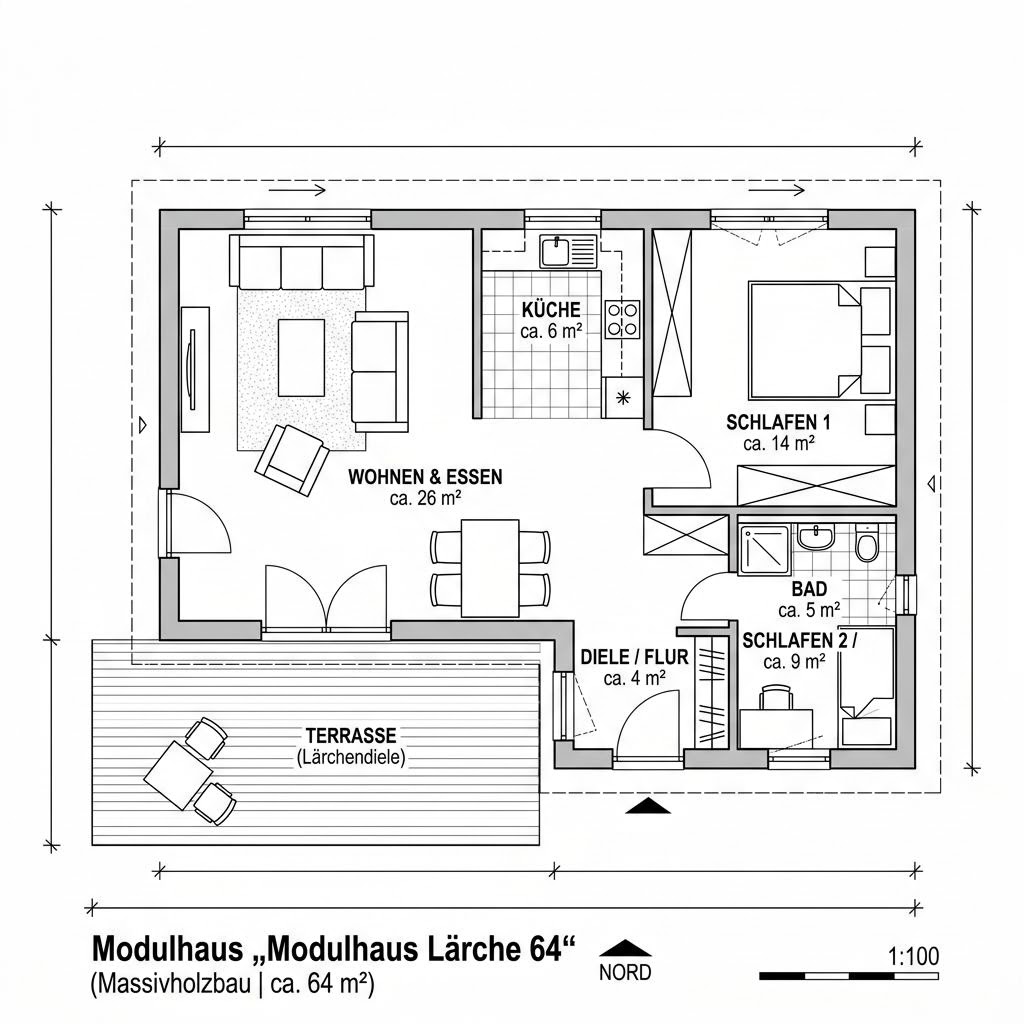 Grundriss Modulhaus Lärche 64 – 64 m² Modulhaus mit 3 Zimmern