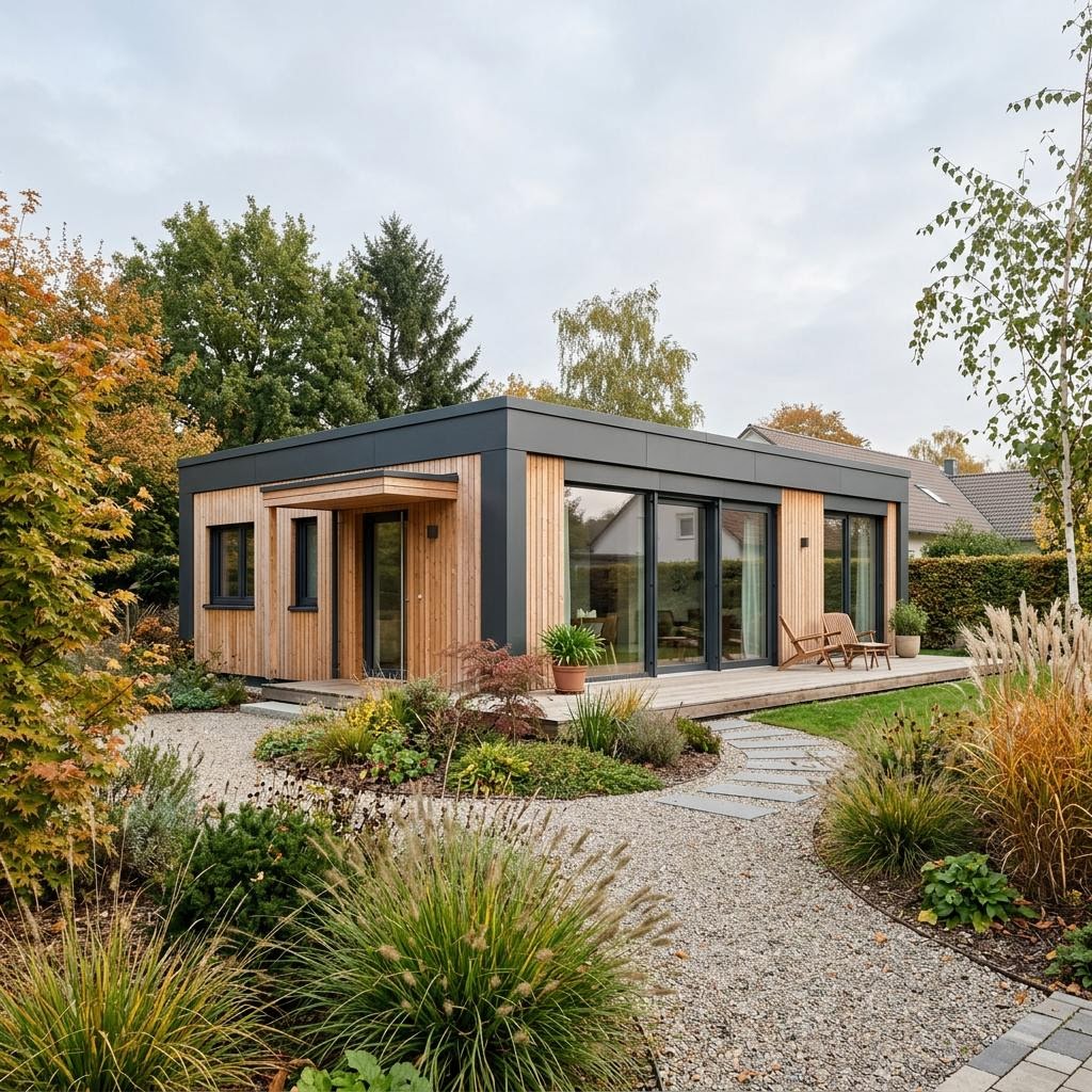 Modulhaus Sonne 52 von Wohnwagon — sonnenoptimiertes Massivholzhaus mit Flachdach und 52 m²
