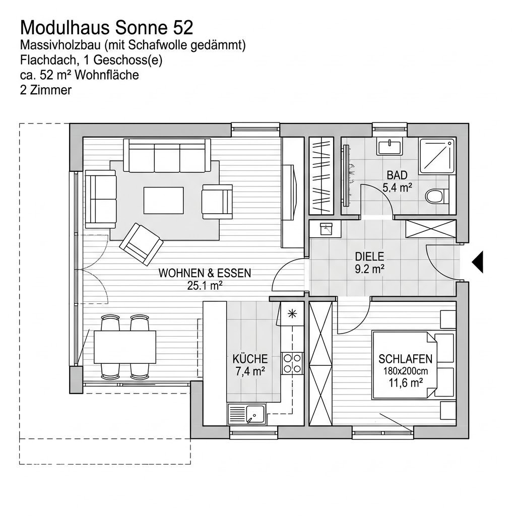Grundriss Modulhaus Sonne 52 – 52 m² Modulhaus mit 2 Zimmern