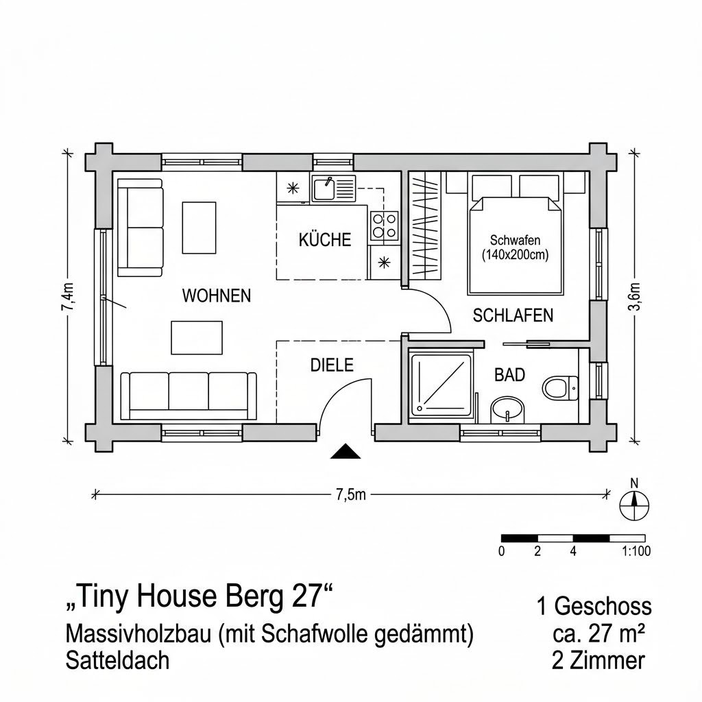 Grundriss Tiny House Berg 27 – 27 m² Tiny House mit 2 Zimmern