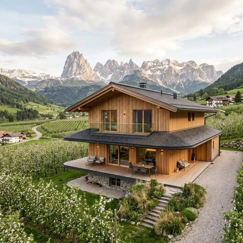 Holz-Fertighaus mit breitem Dachüberstand vor Südtiroler Bergpanorama in Italien – Fertighaus bauen in Italien 2026 Holz-Fertighaus mit breitem Dachüberstand vor Südtiroler Bergpanorama in Italien – Fertighaus bauen in Italien 2026