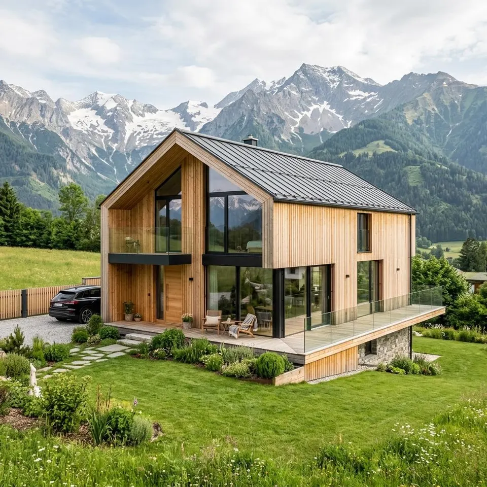 Modernes Holz-Fertighaus mit Satteldach vor Alpenkulisse in Österreich – Fertighaus bauen in Österreich 2026 Modernes Holz-Fertighaus mit Satteldach vor Alpenkulisse in Österreich – Fertighaus bauen in Österreich 2026