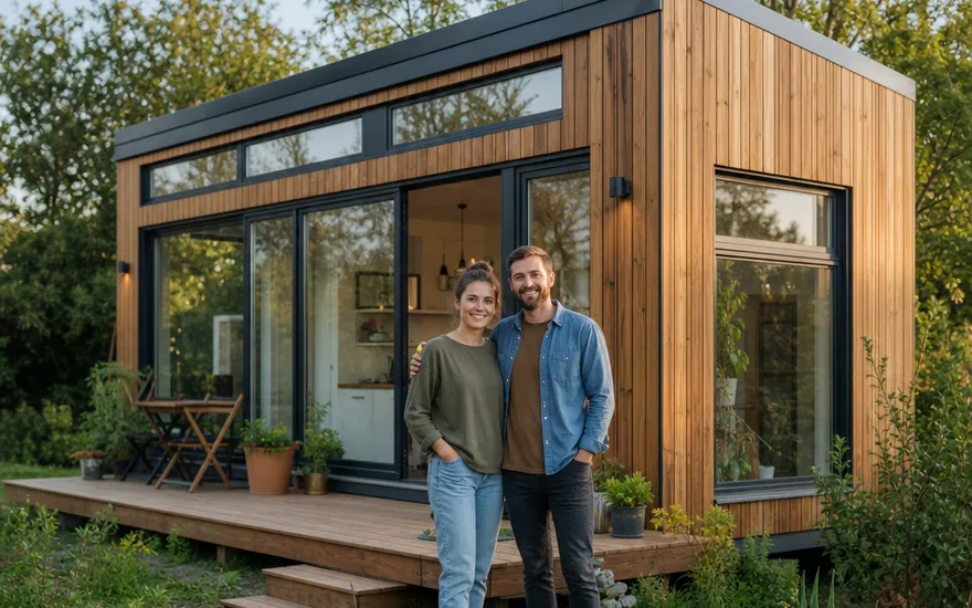 Minihaus & Tiny House: klein wohnen im Grünen Minihaus mit Holzfassade und großen Fenstern im Garten – Tiny House als kleines Fertighaus für Paare und Singles