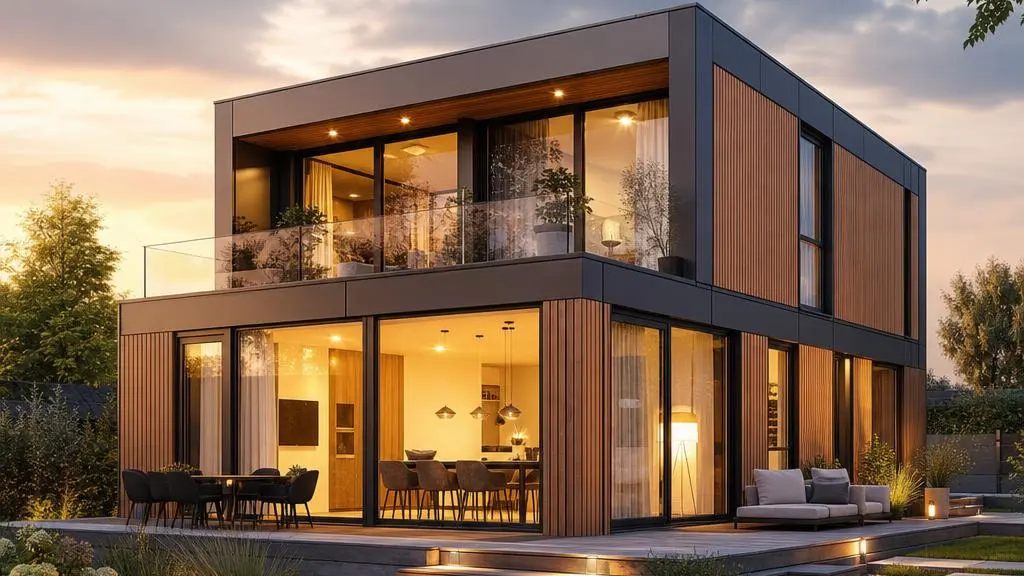 Modulhaus am Abend: Holzfassade, klare Kuben und große Glasflächen Modernes Modulhaus aus zwei gestapelten Wohnmodulen mit Holzlamellen-Fassade und beleuchteten bodentiefen Fenstern zur goldenen Stunde – Modulhaus-Fertighaus