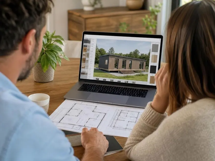 Modulhaus planen: Grundriss und Materialien im Konfigurator wählen Paar plant sein Modulhaus am hellen Esstisch: 3D-Konfigurator mit Modulhaus-Modell am Laptop, Grundrisse und Holz-Materialproben