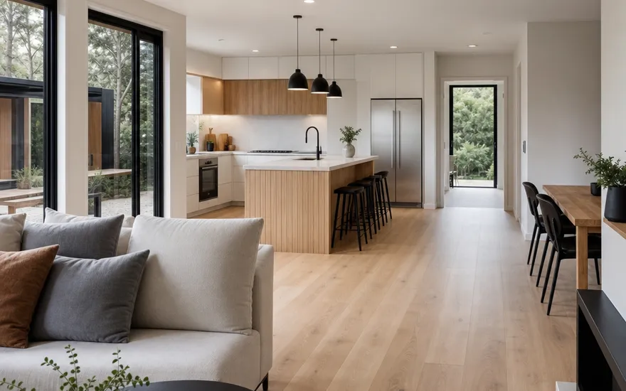 Modulhaus innen: wohnfertig ab Werk Modulhaus von innen: heller offener Wohnraum mit Küche und großen Fenstern – wohnfertig aus dem Werk