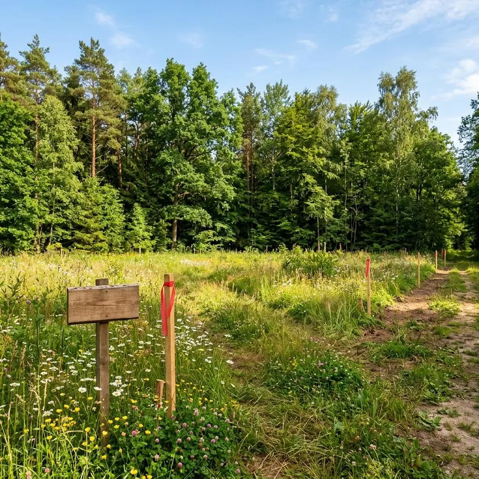 Waldgrundstück mit Baurecht: Baugrundstück am Waldrand vor der Bebauung Sonniges Baugrundstück am Waldrand mit Vermessungspflöcken vor hohem Mischwald – Waldgrundstück mit Baurecht bebauen