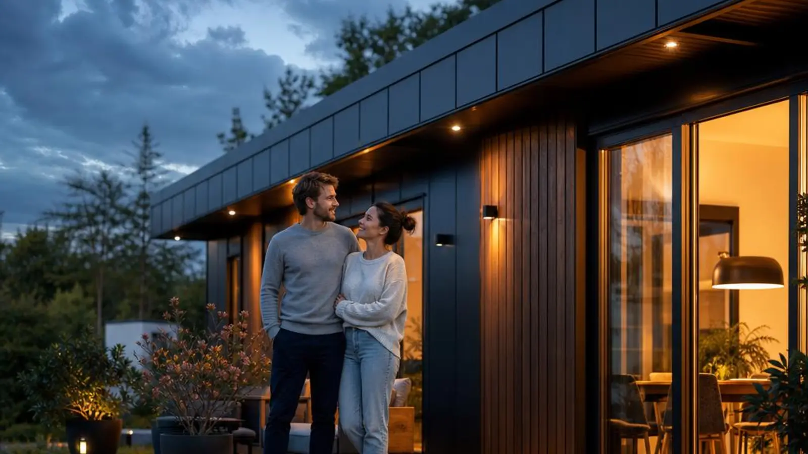 Paar auf der Terrasse seines neuen Modulhauses in der Abenddämmerung